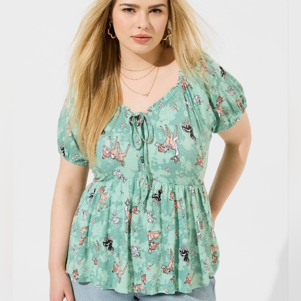 Torrid x Disney Bambi Green Puff Sleeve Peasant Babydoll Top Size 0X
